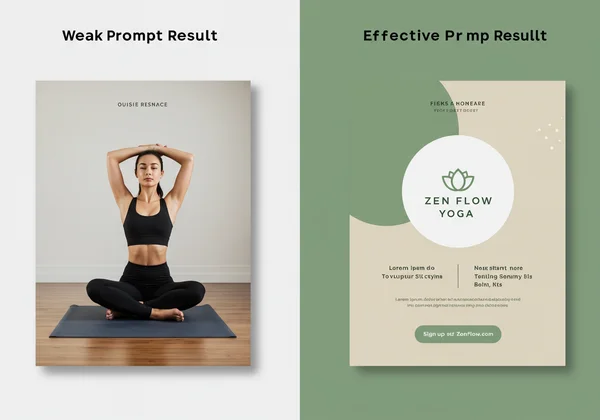 Comparison of a generic vs. a detailed AI-generated yoga flyer.