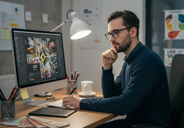 Professional graphic designer working on a flyer design.