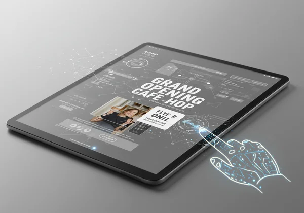 User designing a grand opening flyer with an AI interface