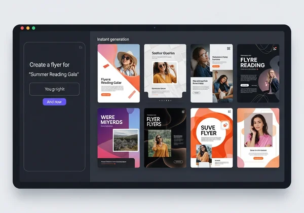 AI flyer design tool showing prompt and multiple outputs