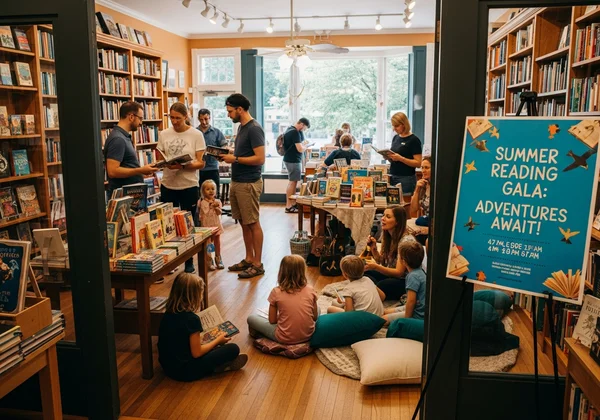 Successful bookstore event with happy attendees and AI flyer