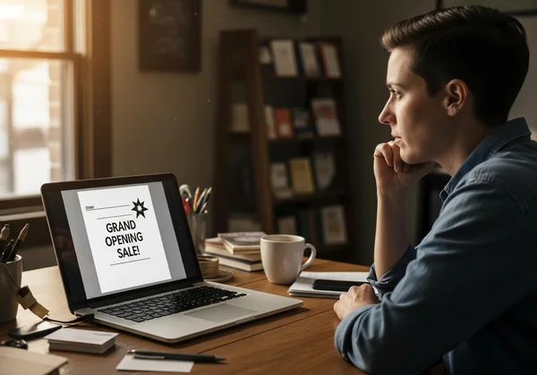 Small business owner struggling with flyer design on a laptop