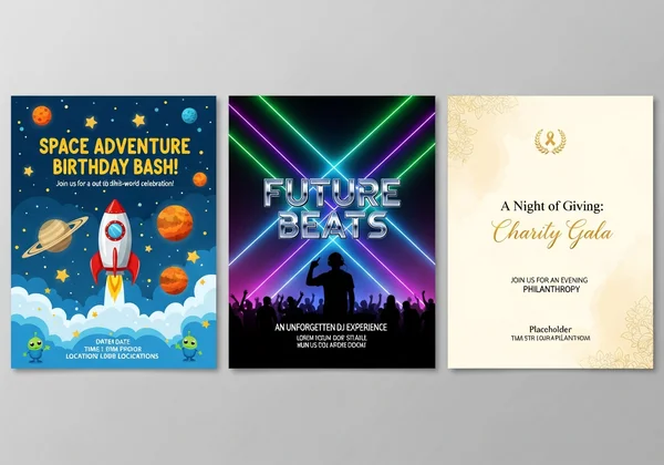 Collage of diverse AI-generated party flyers